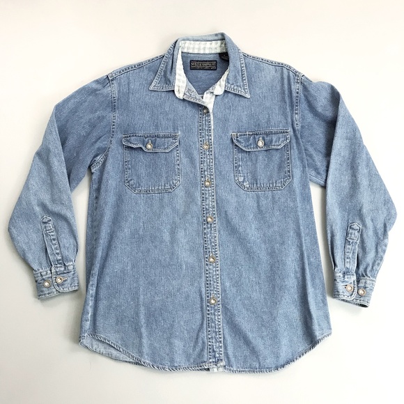 NEWTON TRADING CO. Distressed Denim Shirt Small Button Front Flannel Trim Worn - Picture 1 of 11